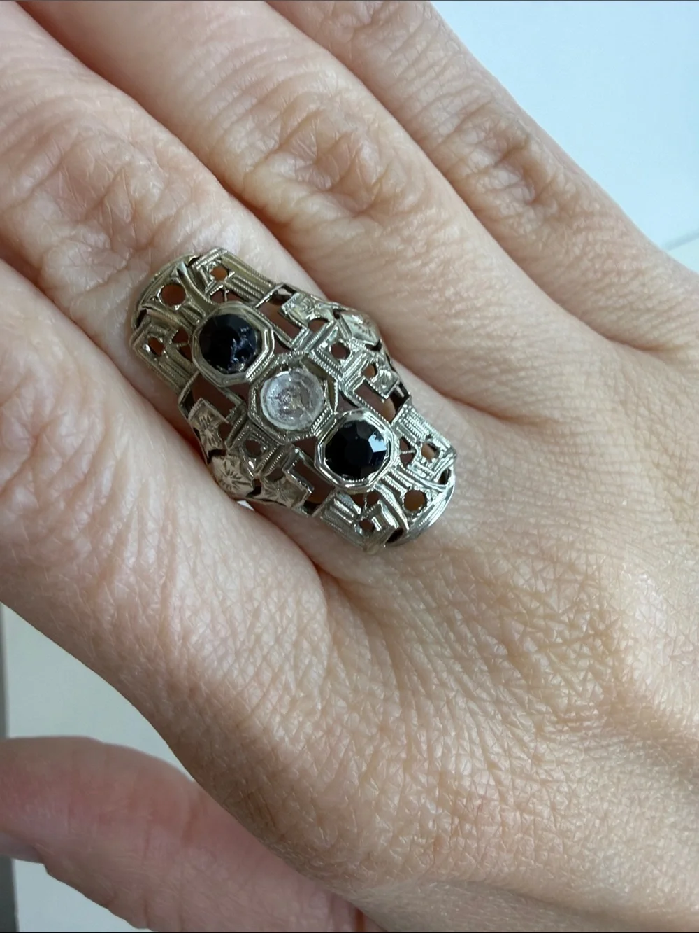 Vintage Art Deco Long Open Filigree Shield Cocktail Dinner Ring Black Clear